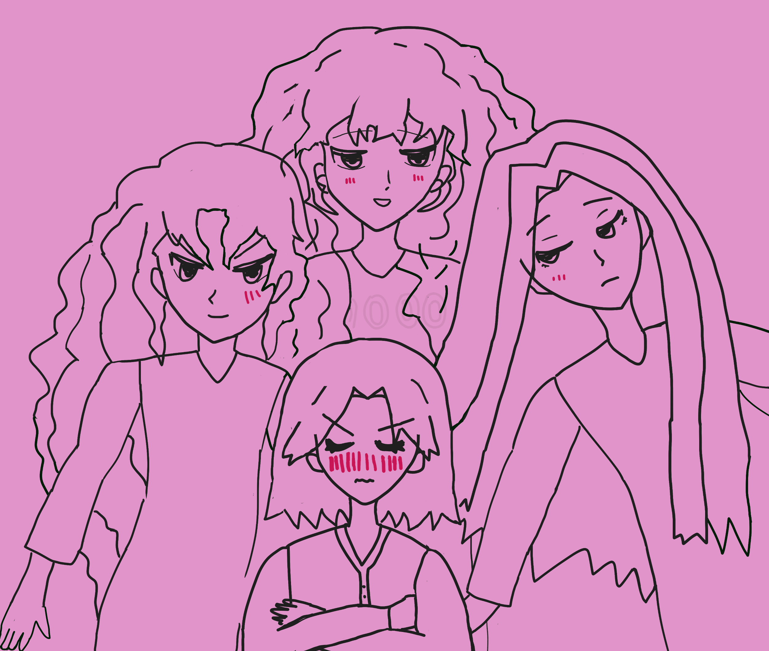 rayan is on the left with a spirited boyish smile, long wavy hair, and blushing slightly, kiran is in the middle looking like the typical love interest guy with falling wavy hair, a smile and blushing slightly, and alejandro is on the right frowning down at antonio and blushing slightly. antonio is below implying he's thinking about the three with crossed arms, blushing a great deal with closed eyes and drawn brows and upset look. the canvas is lavenderish pink.